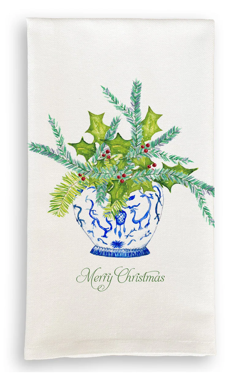 Ginger Jar with Greens and Merry Christmas