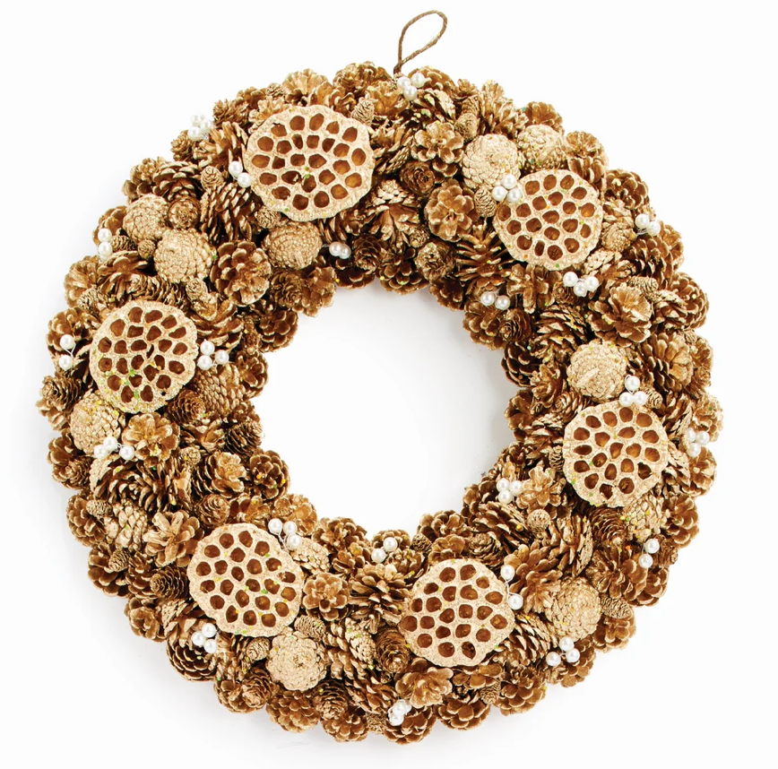 Pinecone, Lotus & Pearl Wreath 24"