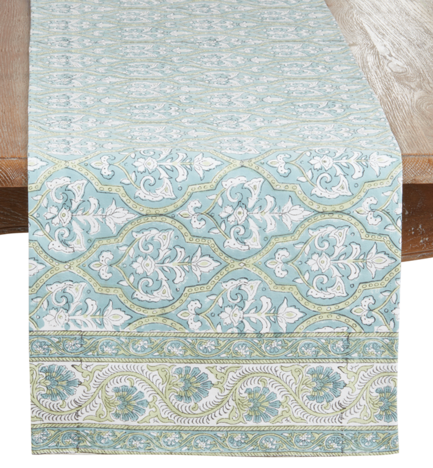 Aqua Block Print Table Runner