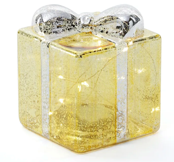 Glass Present - Gold with Silver Ribbon Ornament