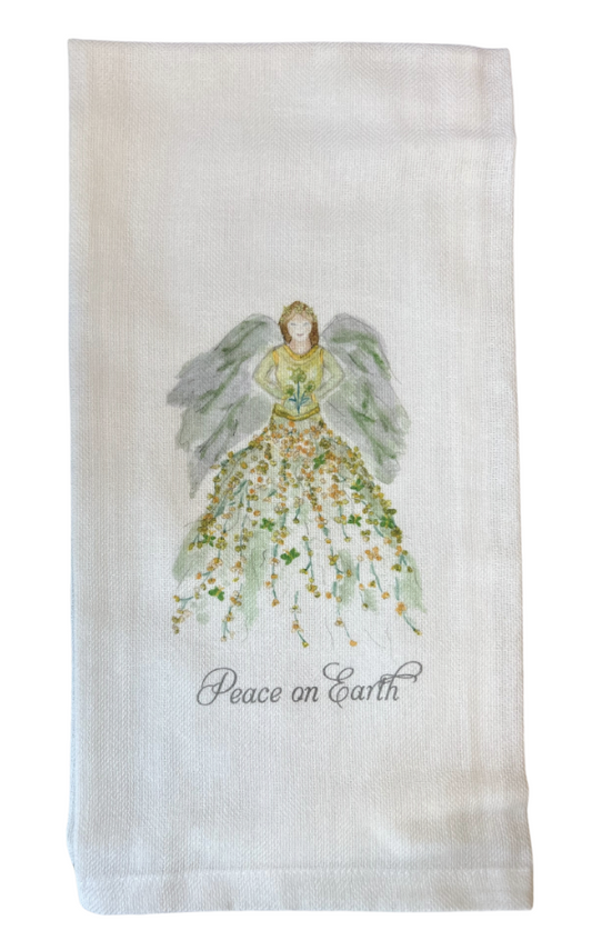 Green Floral Angel Peace on Earth Tea Towel