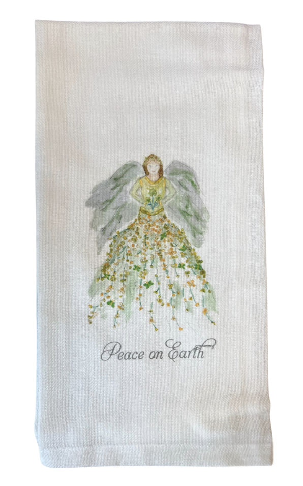 Green Floral Angel Peace on Earth Tea Towel