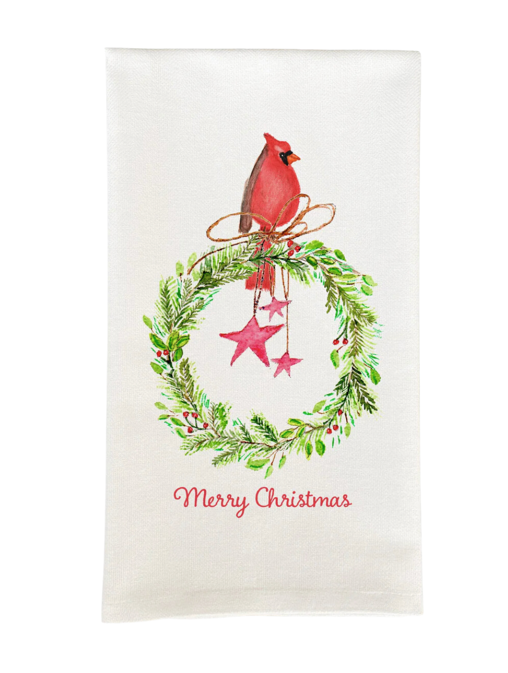 Cardinal Sitting on Wreath Tea Towel