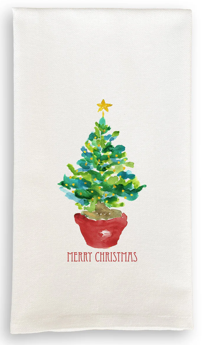 Red Potted Tree with Lights Tea Towel
