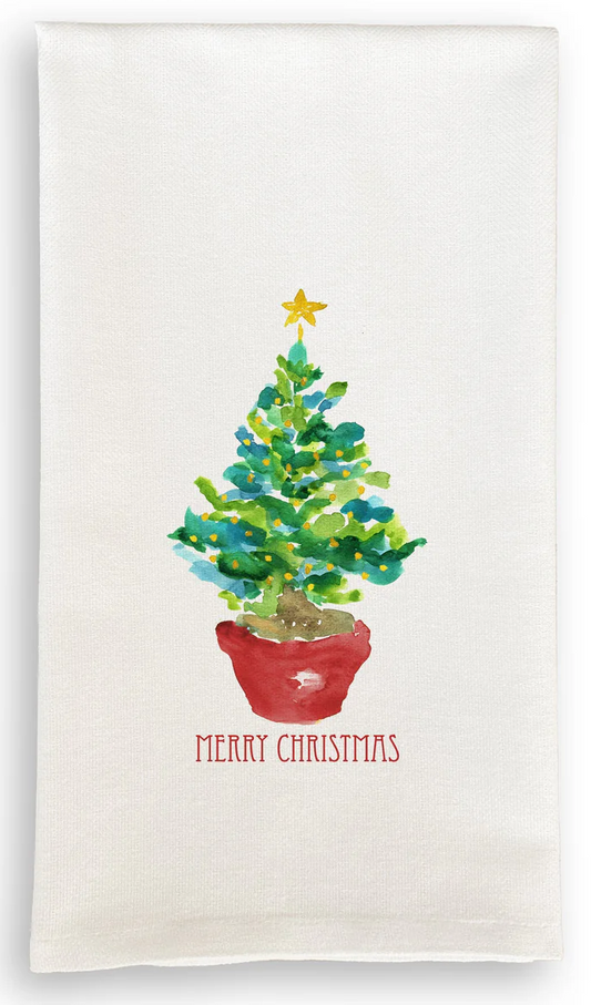 Red Potted Tree with Lights Tea Towel