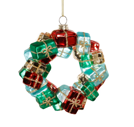 Holiday Gift Box Wreath Glass Ornament