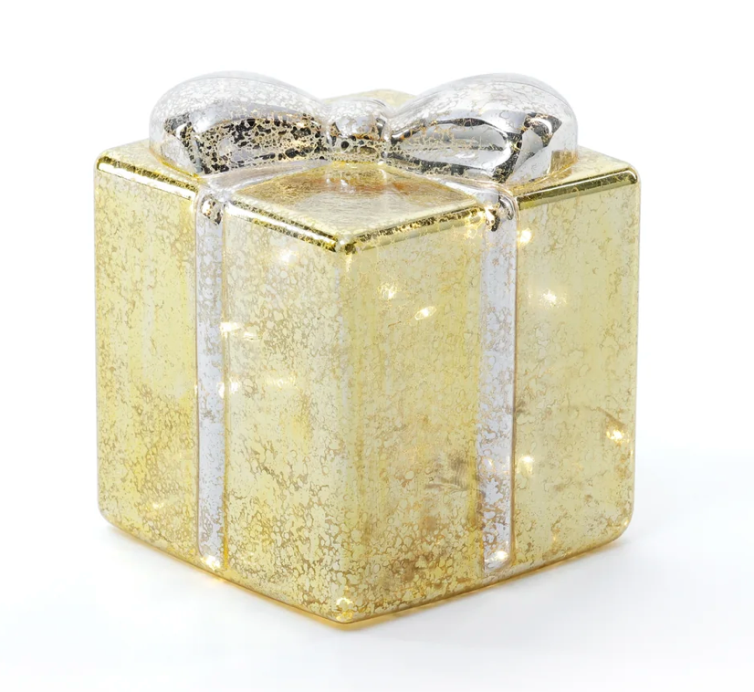 Glass Present - Gold with Silver Ribbon Ornament