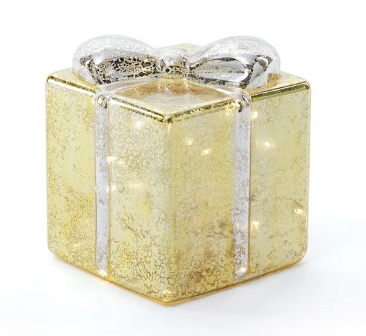 Glass Present - Gold with Silver Ribbon Ornament