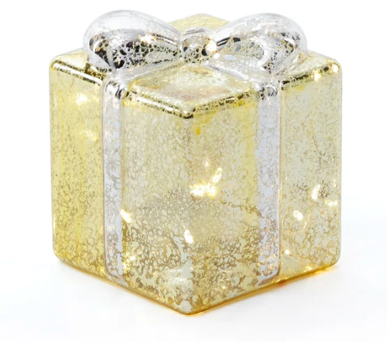 Glass Present - Gold with Silver Ribbon Ornament